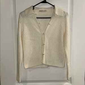 Abercrombie & Fitch Cream Ribbed Pearl-Button Cardigan with Collar